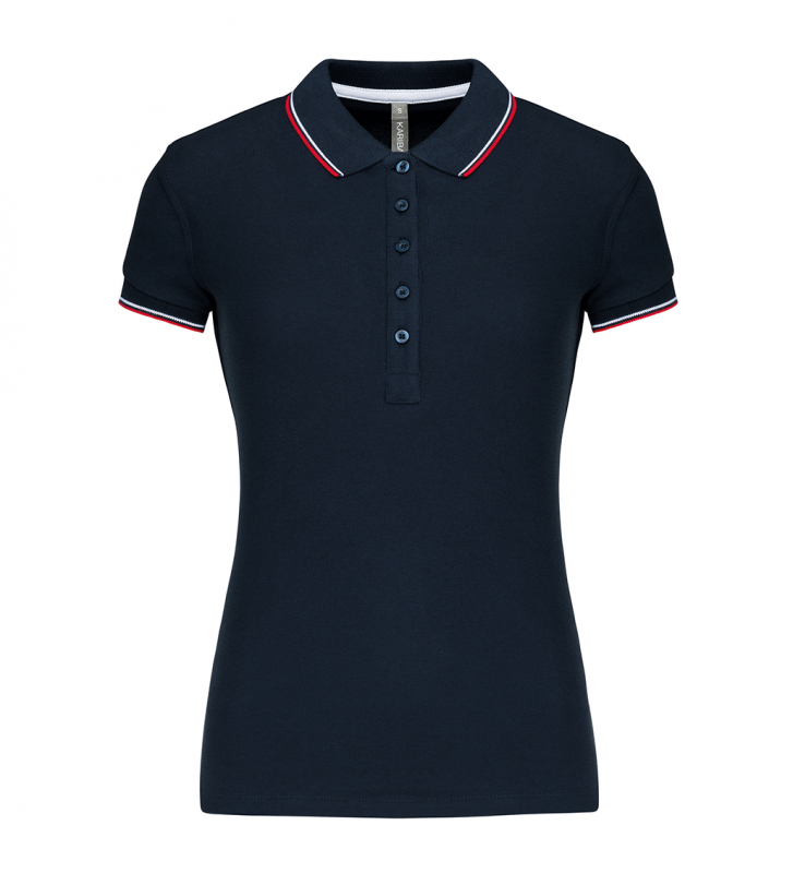 Tricou polo dama, Kariban Two Stripes K251, navy/rosu/alb